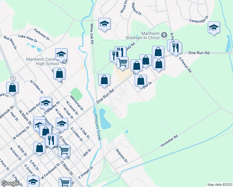 map of restaurants, bars, coffee shops, grocery stores, and more near 46 Doe Run Road in Manheim