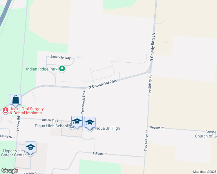 map of restaurants, bars, coffee shops, grocery stores, and more near 3209 Sioux Drive in Piqua