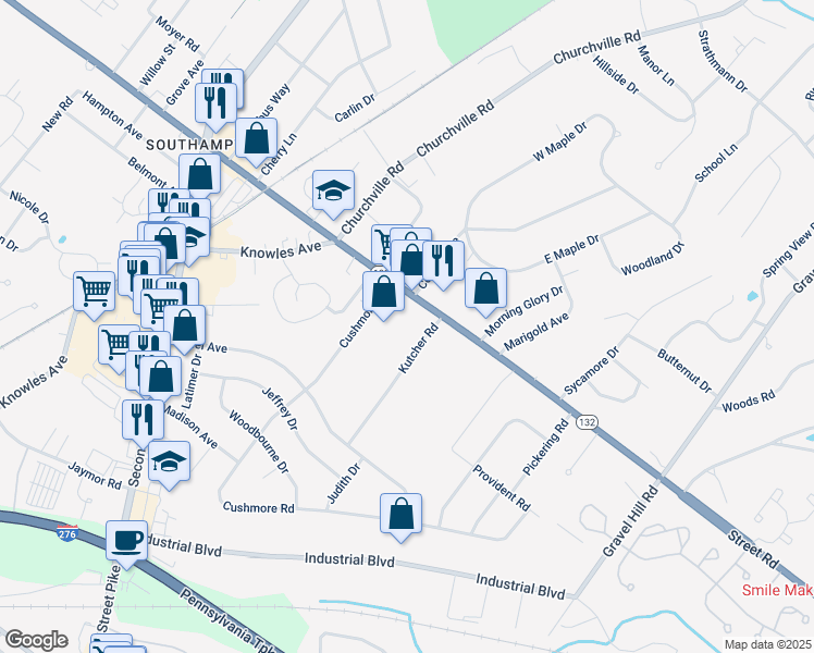 map of restaurants, bars, coffee shops, grocery stores, and more near 1050 Street Road in Southampton