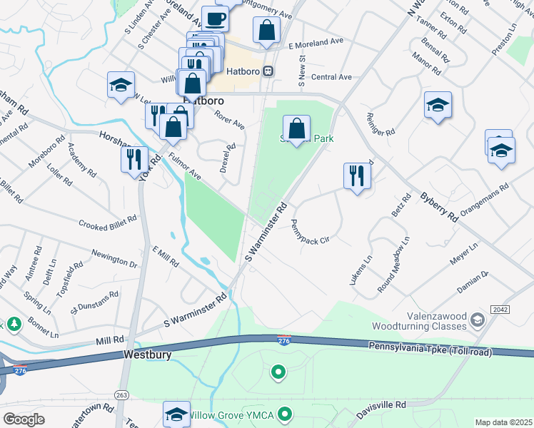 map of restaurants, bars, coffee shops, grocery stores, and more near 400 South Warminster Road in Hatboro