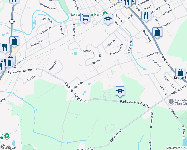 map of restaurants, bars, coffee shops, grocery stores, and more near 214 Akron Road in Ephrata