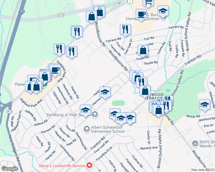 map of restaurants, bars, coffee shops, grocery stores, and more near 90 Hedge Road in Levittown