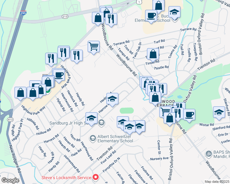 map of restaurants, bars, coffee shops, grocery stores, and more near 90 Hedge Road in Levittown