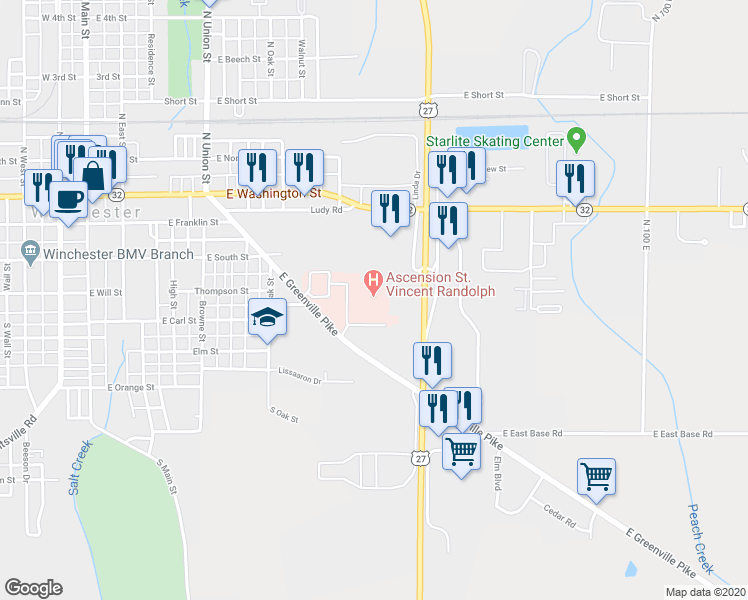 map of restaurants, bars, coffee shops, grocery stores, and more near 473 Southeast Greenville Avenue in Winchester