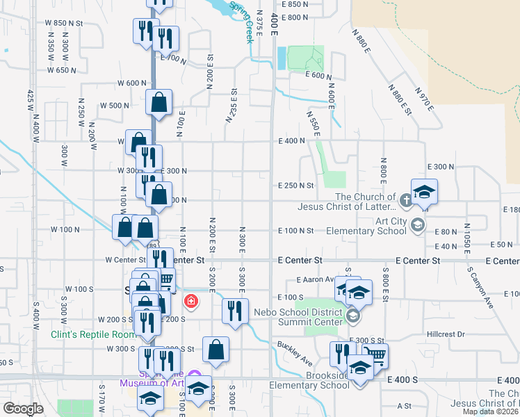 map of restaurants, bars, coffee shops, grocery stores, and more near 339 East 100 North in Springville