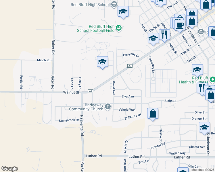 map of restaurants, bars, coffee shops, grocery stores, and more near 529 David Avenue in Red Bluff