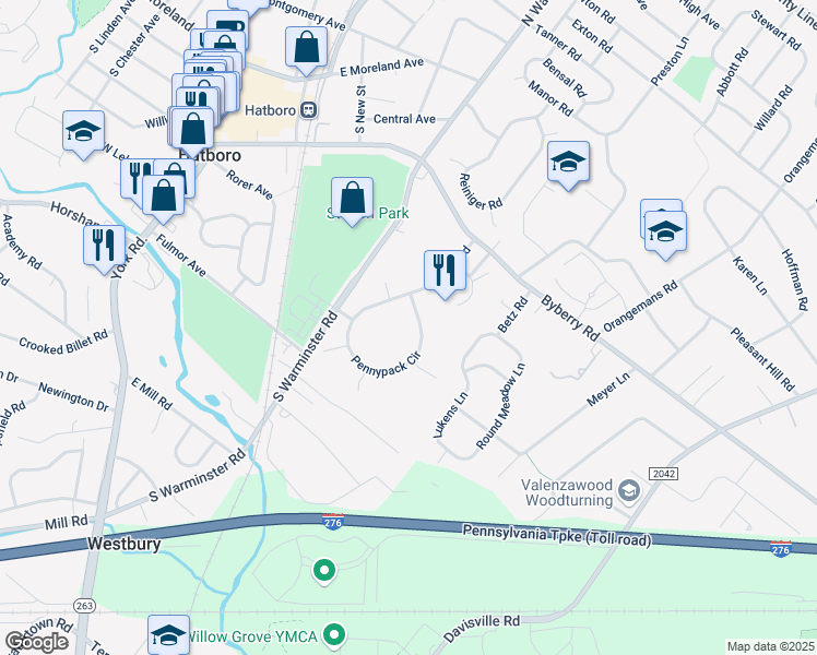 map of restaurants, bars, coffee shops, grocery stores, and more near 803 Pennypack Circle in Hatboro