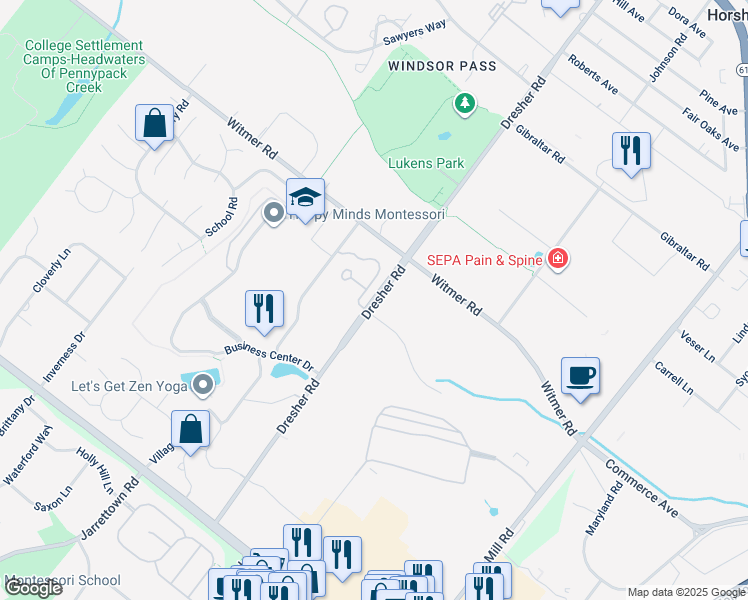 map of restaurants, bars, coffee shops, grocery stores, and more near 1 Walnut Grove Dr in Horsham