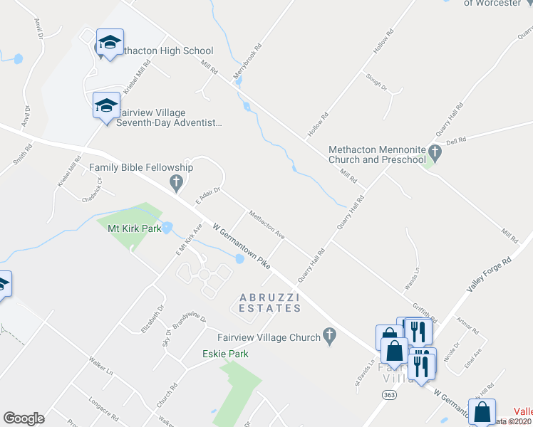 map of restaurants, bars, coffee shops, grocery stores, and more near 3139 Methacton Avenue in Eagleville