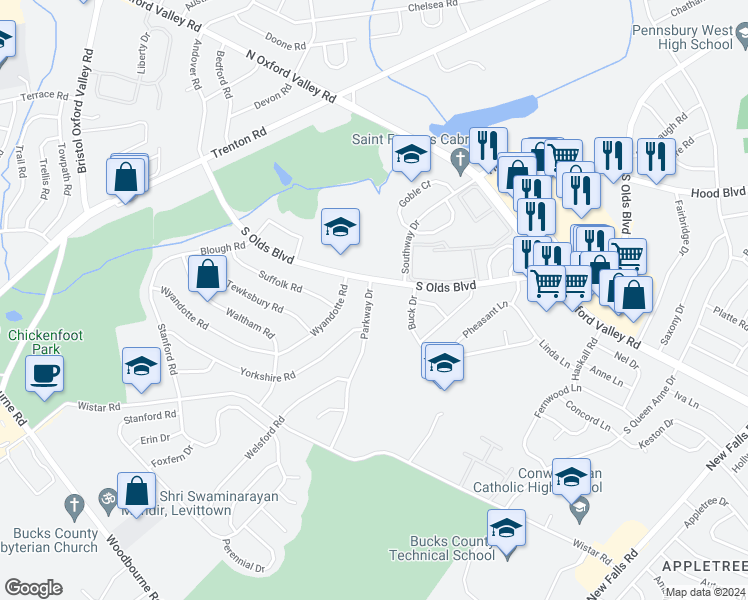 map of restaurants, bars, coffee shops, grocery stores, and more near 504 Parkway Drive in Fairless Hills