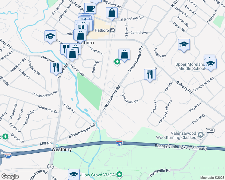 map of restaurants, bars, coffee shops, grocery stores, and more near 2 Nottingham Lane in Hatboro