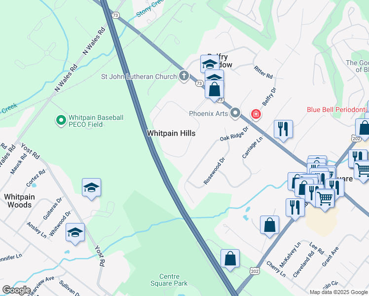 map of restaurants, bars, coffee shops, grocery stores, and more near 1909 Whitpain Hills in Blue Bell