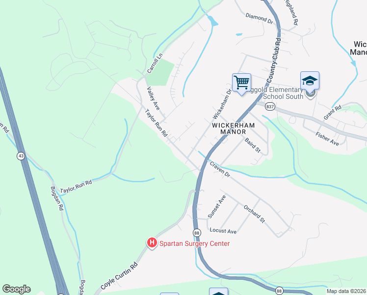 map of restaurants, bars, coffee shops, grocery stores, and more near 116 Taylor Run Road in Monongahela