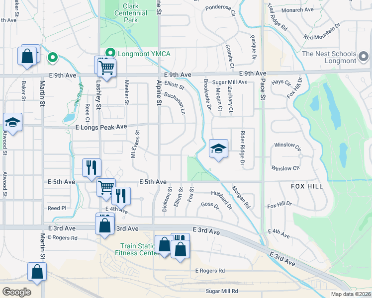 map of restaurants, bars, coffee shops, grocery stores, and more near 610 Elliott Street in Longmont