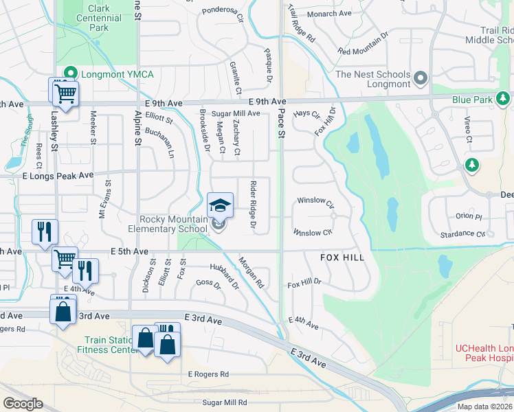 map of restaurants, bars, coffee shops, grocery stores, and more near 598 Rider Ridge Drive in Longmont