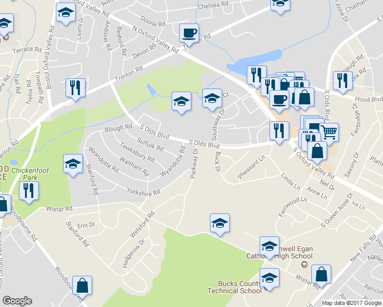 map of restaurants, bars, coffee shops, grocery stores, and more near 505 Parkway Drive in Fairless Hills