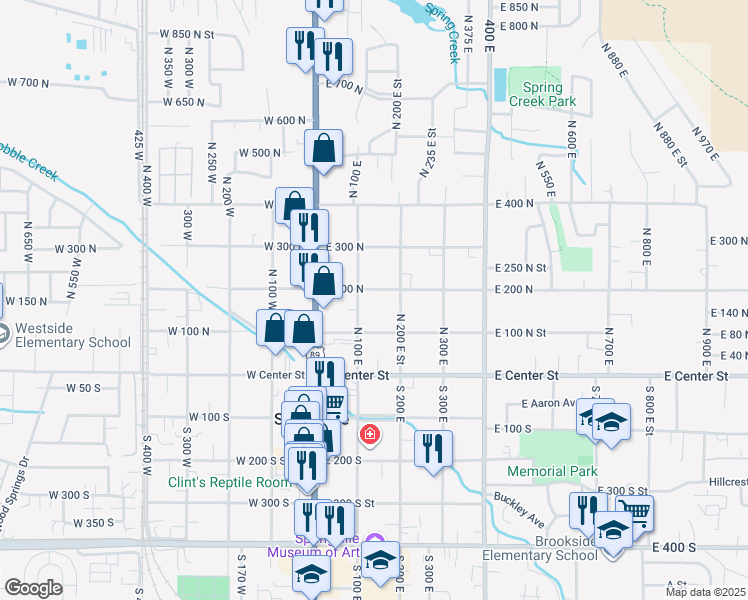 map of restaurants, bars, coffee shops, grocery stores, and more near 136 East 200 North in Springville