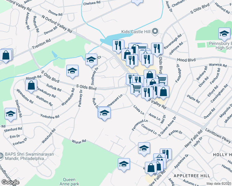 map of restaurants, bars, coffee shops, grocery stores, and more near 218 Durham Court in Fairless Hills