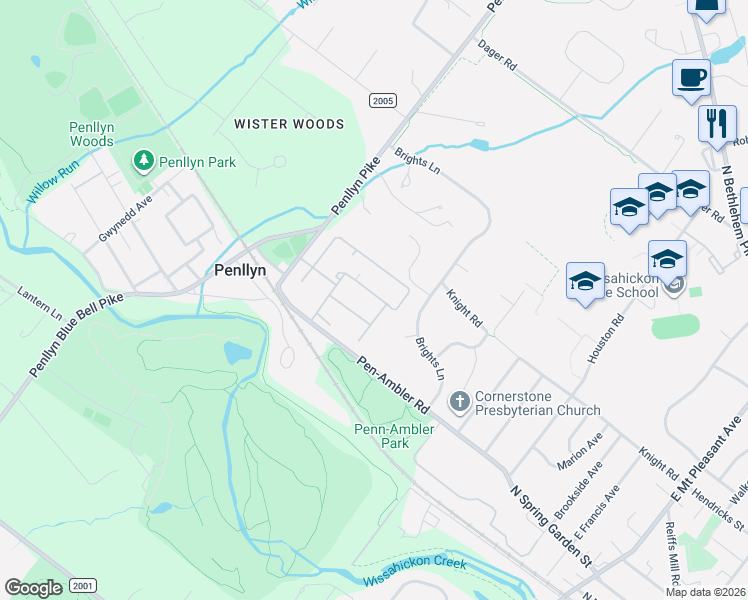 map of restaurants, bars, coffee shops, grocery stores, and more near 135 Macklenberg Drive in Penllyn