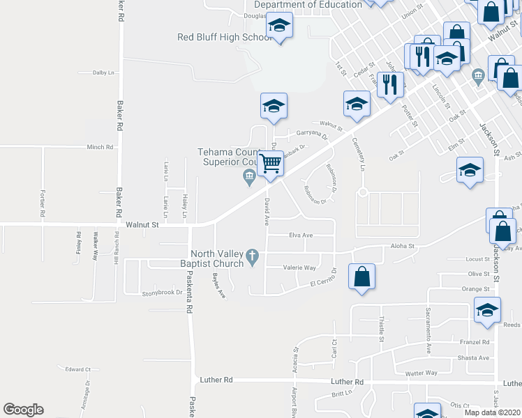 map of restaurants, bars, coffee shops, grocery stores, and more near 635 David Avenue in Red Bluff