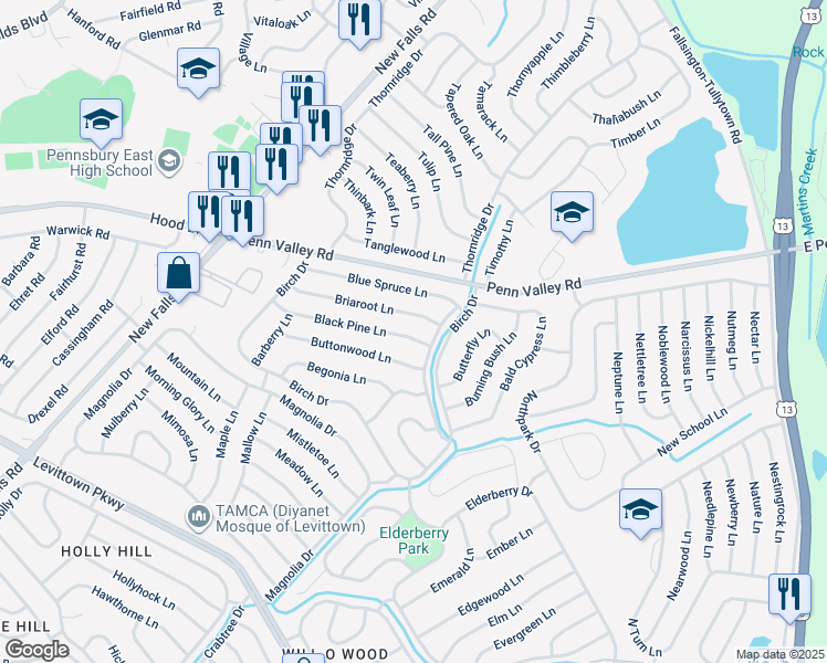 map of restaurants, bars, coffee shops, grocery stores, and more near 10 Black Pine Lane in Levittown