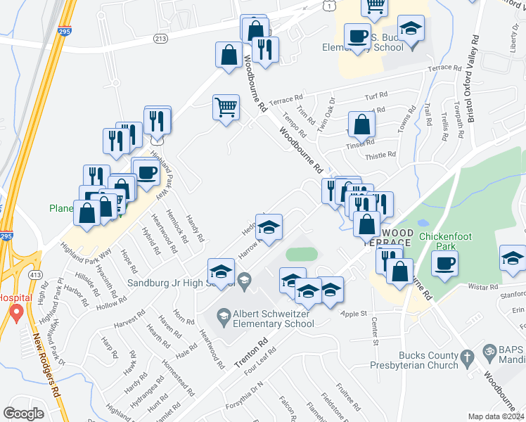 map of restaurants, bars, coffee shops, grocery stores, and more near 81 Hedge Road in Levittown