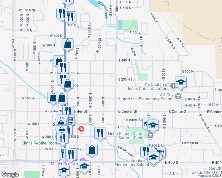map of restaurants, bars, coffee shops, grocery stores, and more near 339 East 100 North in Springville