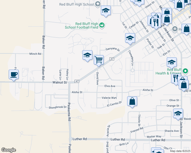 map of restaurants, bars, coffee shops, grocery stores, and more near 529 David Avenue in Red Bluff