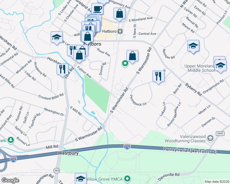 map of restaurants, bars, coffee shops, grocery stores, and more near 2 Nottingham Lane in Hatboro