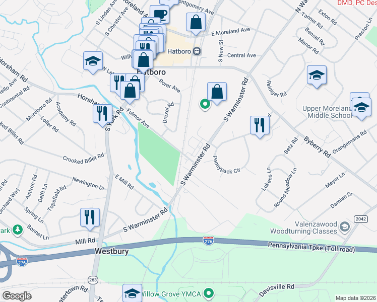 map of restaurants, bars, coffee shops, grocery stores, and more near 2 Nottingham Lane in Hatboro