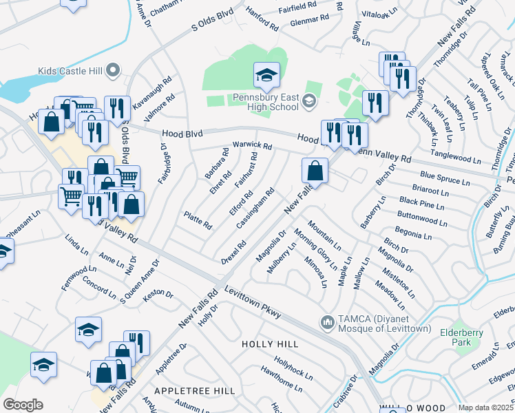 map of restaurants, bars, coffee shops, grocery stores, and more near 522 Cassingham Road in Fairless Hills