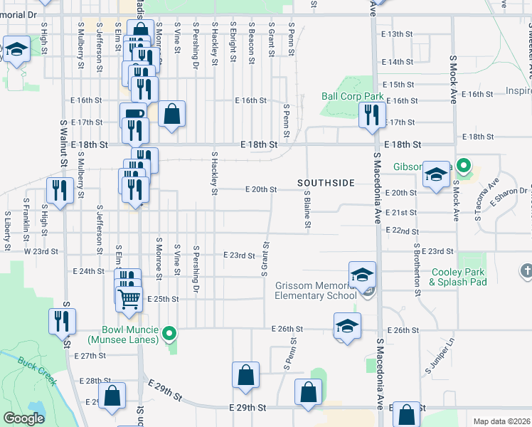 map of restaurants, bars, coffee shops, grocery stores, and more near 2801 South Grant Street in Muncie