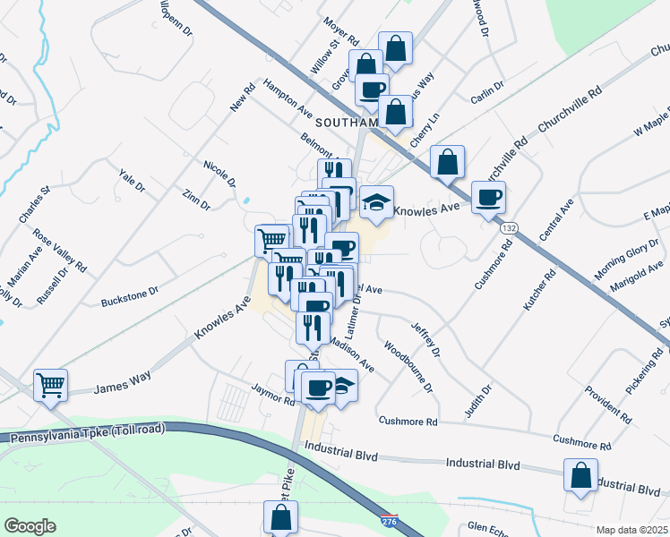 map of restaurants, bars, coffee shops, grocery stores, and more near 800 Rozel Avenue in Southampton