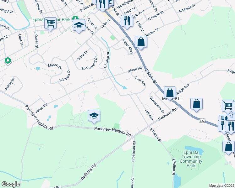 map of restaurants, bars, coffee shops, grocery stores, and more near 233 East Fulton Street in Ephrata