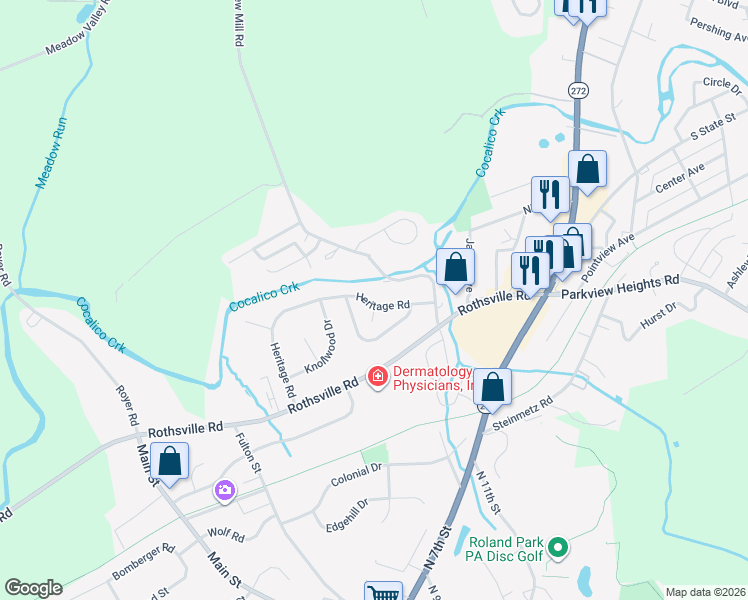 map of restaurants, bars, coffee shops, grocery stores, and more near 106 Heritage Road in Ephrata