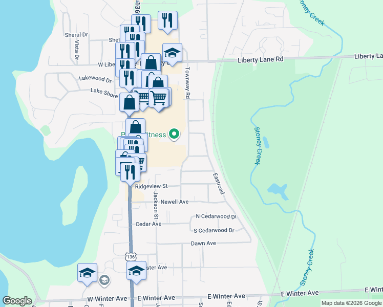 map of restaurants, bars, coffee shops, grocery stores, and more near 2803 Townway Road in Danville