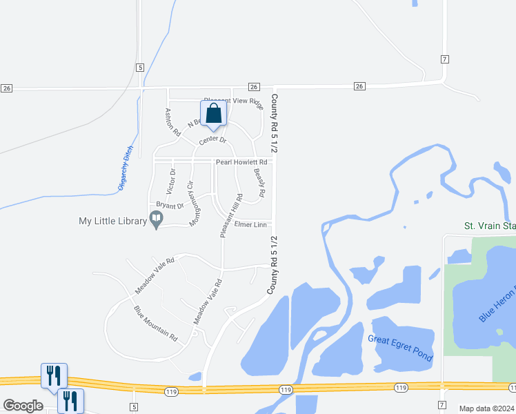 map of restaurants, bars, coffee shops, grocery stores, and more near 2669 Elmer Linn in Longmont