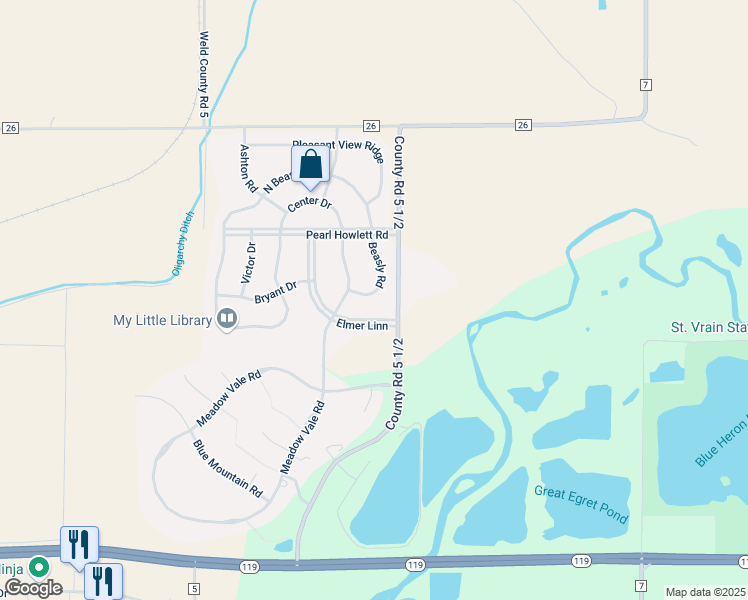 map of restaurants, bars, coffee shops, grocery stores, and more near 2669 Elmer Linn in Longmont