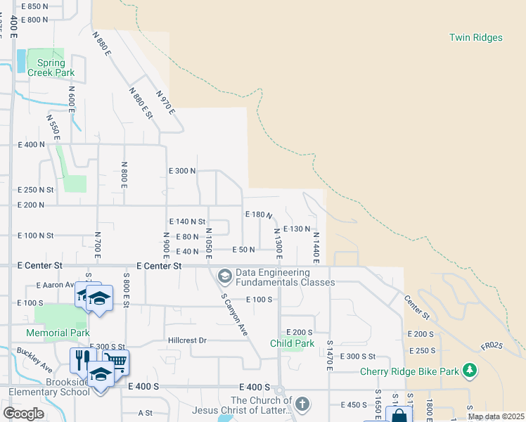 map of restaurants, bars, coffee shops, grocery stores, and more near 150 North 1230 East Street in Springville