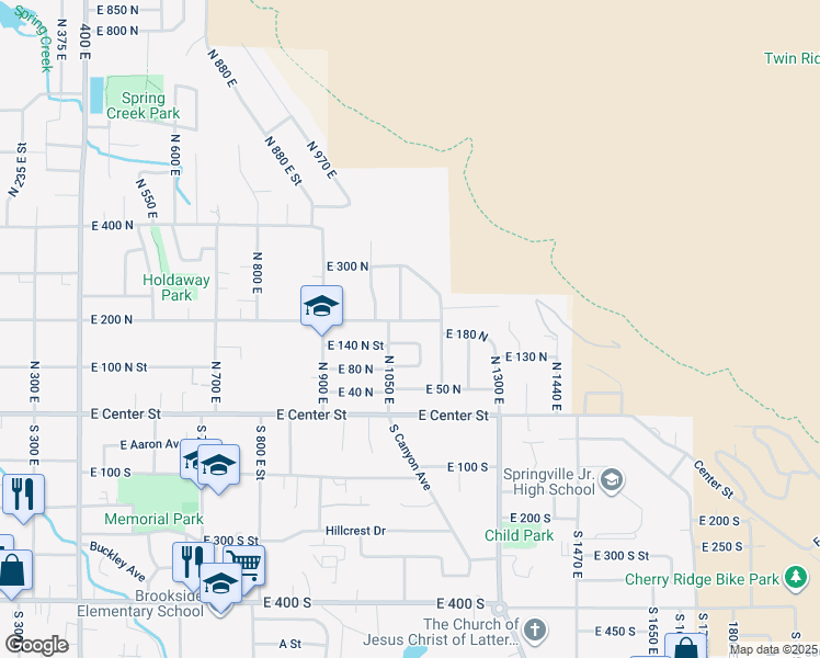 map of restaurants, bars, coffee shops, grocery stores, and more near 1056 East 150 North in Springville