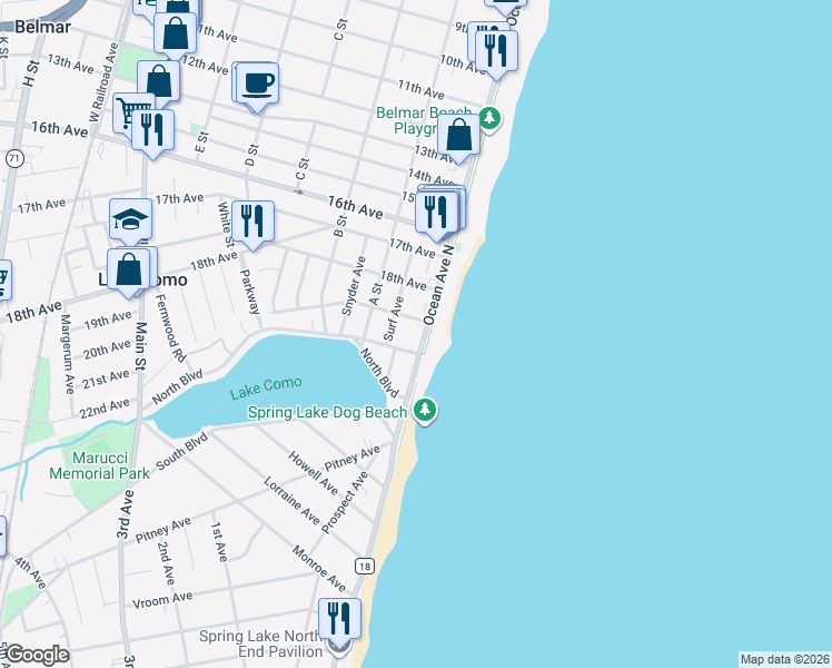 map of restaurants, bars, coffee shops, grocery stores, and more near 103 20th Avenue in Belmar