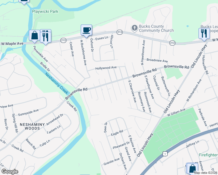 map of restaurants, bars, coffee shops, grocery stores, and more near 143 South Walnut Terrace in Langhorne