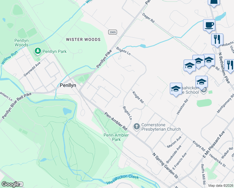 map of restaurants, bars, coffee shops, grocery stores, and more near 479 Brights Circle in Penllyn