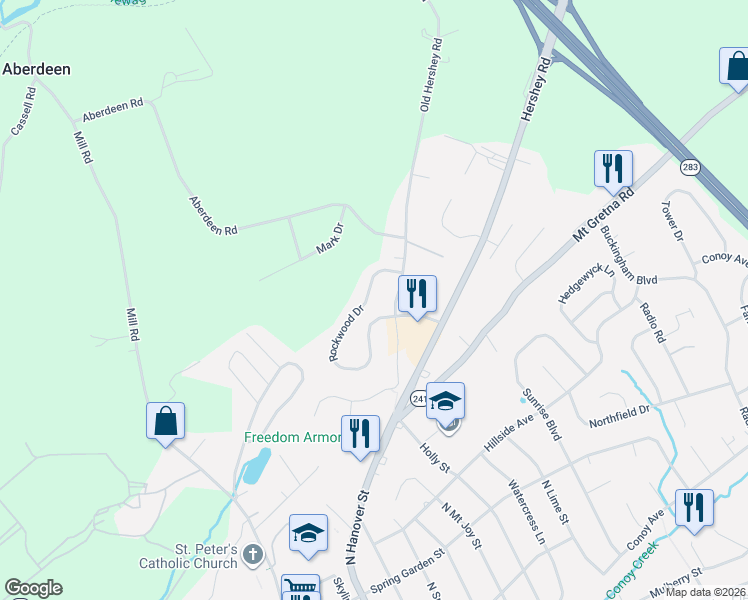 map of restaurants, bars, coffee shops, grocery stores, and more near 643 Rockwood Drive in Elizabethtown