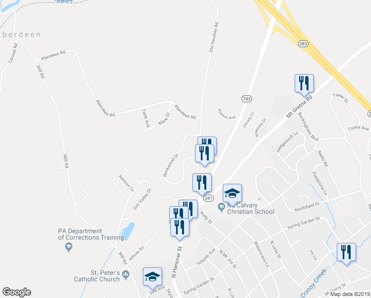 map of restaurants, bars, coffee shops, grocery stores, and more near 671 Rockwood Drive in Elizabethtown