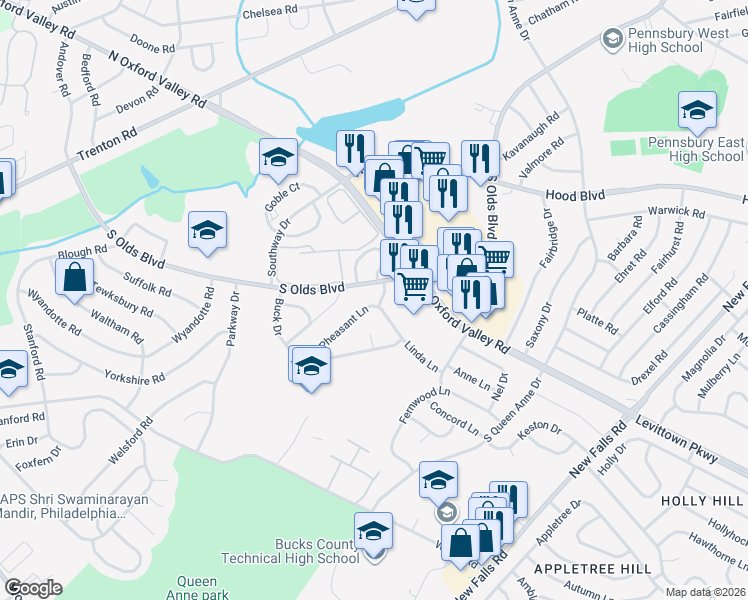 map of restaurants, bars, coffee shops, grocery stores, and more near 104 Antler Court in Fairless Hills