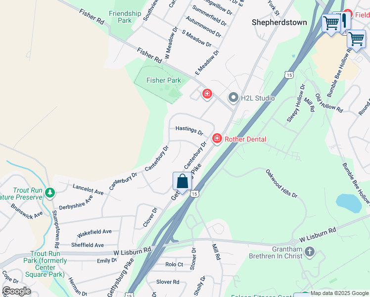 map of restaurants, bars, coffee shops, grocery stores, and more near 3 Bradford Court in Mechanicsburg