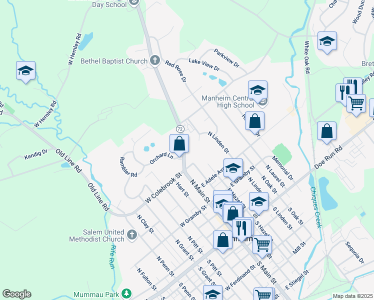 map of restaurants, bars, coffee shops, grocery stores, and more near 301 North Main Street in Manheim