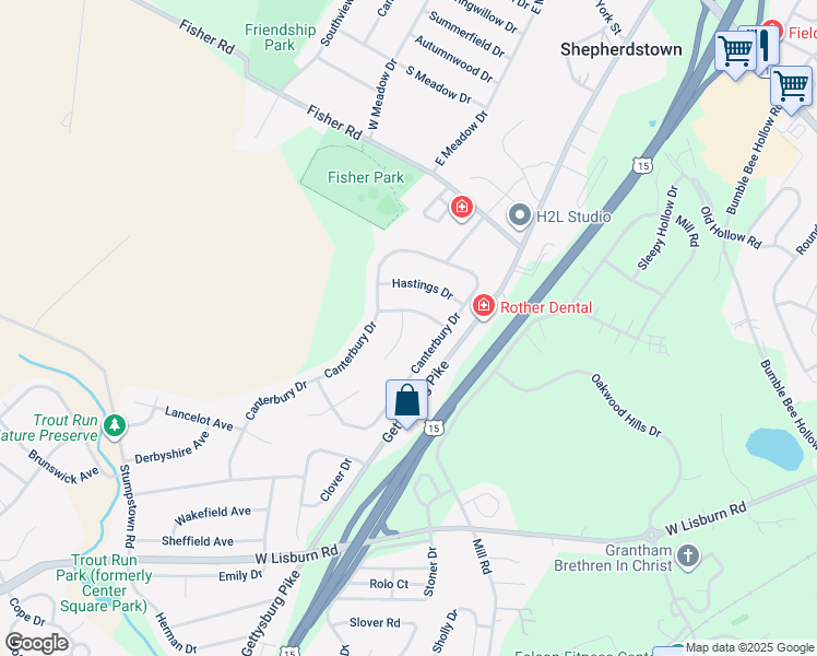 map of restaurants, bars, coffee shops, grocery stores, and more near 3 Bradford Court in Mechanicsburg