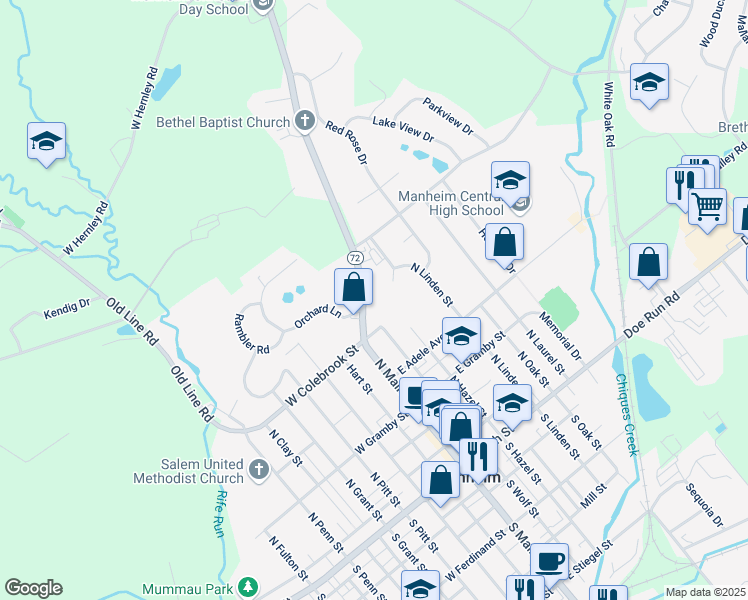 map of restaurants, bars, coffee shops, grocery stores, and more near 301 North Main Street in Manheim